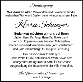 Traueranzeige von Klara Schneyer von Neue Presse Coburg