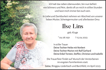 Traueranzeige von Ilse Lins von Südthüringer Presse