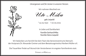 Traueranzeige von Ute Mika von Südthüringer Presse
