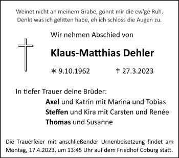 Traueranzeige von Klaus-Matthias Dehler von Neue Presse Coburg