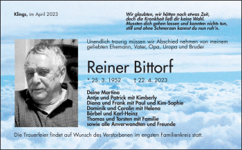 Traueranzeige von Reiner Bittorf von Südthüringer Presse