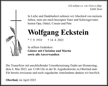 Traueranzeige von Wolfgang Eckstein von Südthüringer Presse