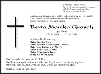 Traueranzeige von Berta Monika Grosch von Südthüringer Presse