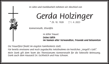 Traueranzeige von Gerda Holzinger von Frankenpost