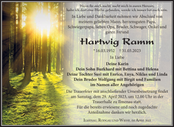 Traueranzeige von Hartwig Ramm von Südthüringer Presse