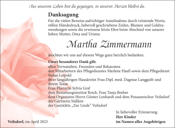 Traueranzeige von Martha Zimmermann von Südthüringer Presse