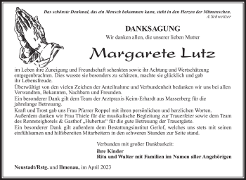 Traueranzeige von Margarete Lutz von Südthüringer Presse