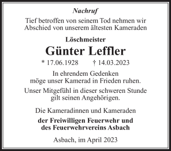 Traueranzeige von Günter Leffler von Südthüringer Presse
