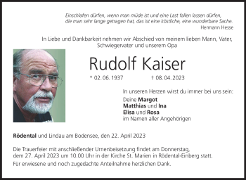 Traueranzeige von Rudolf Kaiser von Neue Presse Coburg