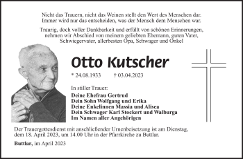 Traueranzeige von Otto Kutscher von Südthüringer Presse