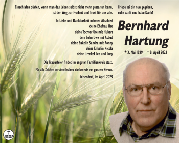 Traueranzeige von Bernhard Hartung von Südthüringer Presse