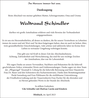 Traueranzeige von Waltraud Schindler von Südthüringer Presse