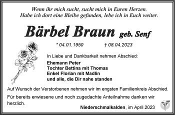 Traueranzeige von Bärbel Braun von Südthüringer Presse