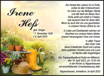 Traueranzeige von Irene Heß von Südthüringer Presse