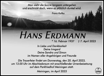 Traueranzeige von Hans Erdmann von Südthüringer Presse