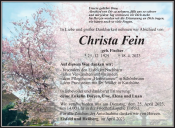 Traueranzeige von Christa Fein von Südthüringer Presse