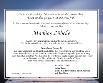 Traueranzeige von Mathias Lübcke von Südthüringer Presse