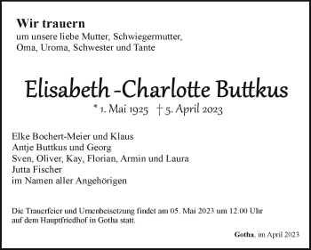 Traueranzeige von Elisabeth-Charlotte Buttkus von Südthüringer Presse