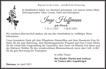Traueranzeige von Inge Hoffmann von Südthüringer Presse