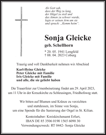 Traueranzeige von Sonja Gleicke von Südthüringer Presse