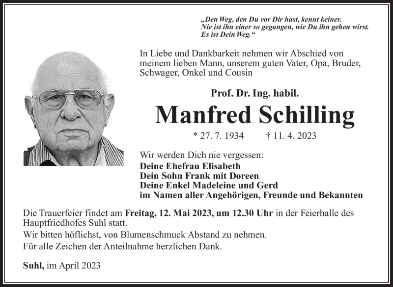  Traueranzeige für Manfred Schilling vom 22.04.2023 aus Südthüringer Presse