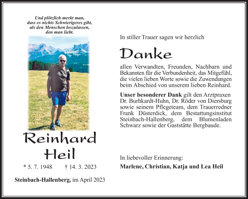  Traueranzeige für Reinhard Heil vom 08.04.2023 aus Südthüringer Presse