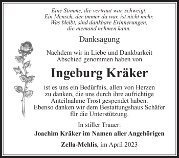 Traueranzeige von Ingeburg Kräker von Südthüringer Presse