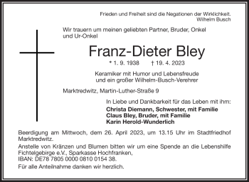Traueranzeige von Franz-Dieter Bley von Frankenpost