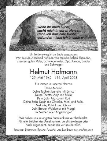 Traueranzeige von Helmut Hofmann von Südthüringer Presse