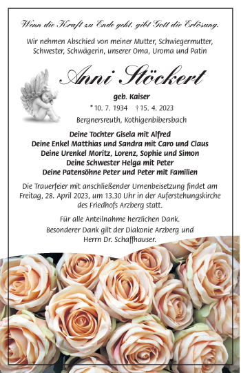 Traueranzeige von Anni Stöckert von Frankenpost