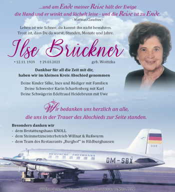 Traueranzeige von Ilse Brückner von Südthüringer Presse