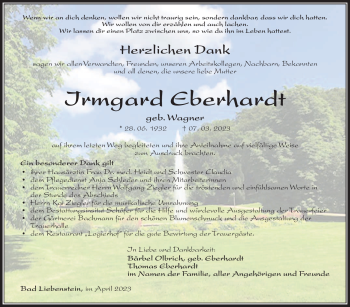 Traueranzeige von Irmgard Eberhardt von Südthüringer Presse