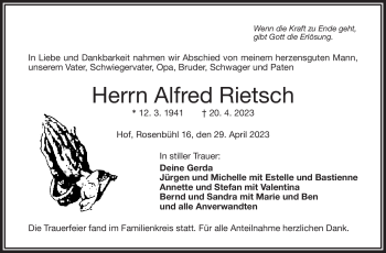 Traueranzeige von Alfred Rietsch von Frankenpost