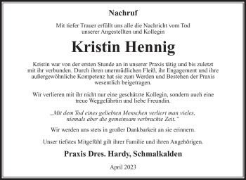 Traueranzeige von Kristin Hennig von Südthüringer Presse