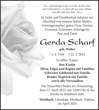 Traueranzeige von Gerda Scharf von Südthüringer Presse