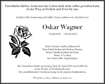 Traueranzeige von Oskar Wagner von Südthüringer Presse