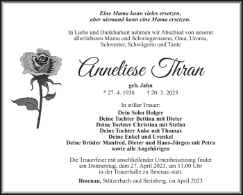 Traueranzeige von Anneliese Thran von Südthüringer Presse