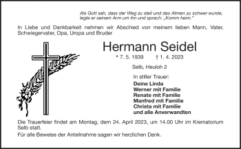 Traueranzeige von Hermann Seidel von Frankenpost
