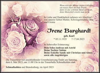 Traueranzeige von Irene Burghardt von Südthüringer Presse