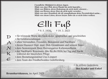 Traueranzeige von Elli Fuß von Südthüringer Presse