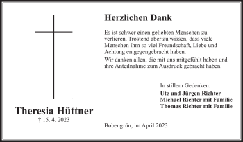 Traueranzeige von Theresia Hüttner von Frankenpost