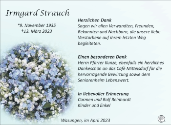 Traueranzeige von Irmgard Strauch von Südthüringer Presse