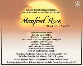 Traueranzeige von Manfred Rose von Südthüringer Presse