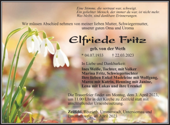 Traueranzeige von Elfriede Fritz von Südthüringer Presse