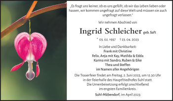 Traueranzeige von Ingrid Schleicher von Südthüringer Presse
