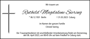 Traueranzeige von Ruthild Magdalene Siering von Neue Presse Coburg