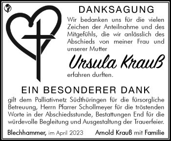 Traueranzeige von Ursula Krauß von Südthüringer Presse
