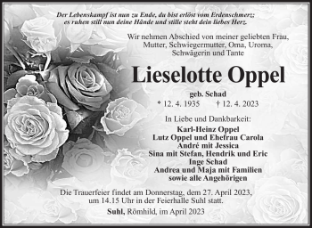 Traueranzeige von Lieselotte Oppel von Südthüringer Presse