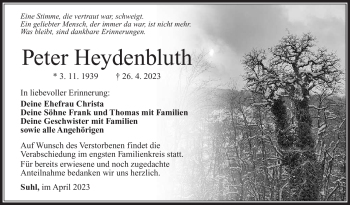 Traueranzeige von Peter Heydenbluth von Südthüringer Presse