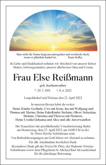 Traueranzeige von Else Reißmann von Frankenpost